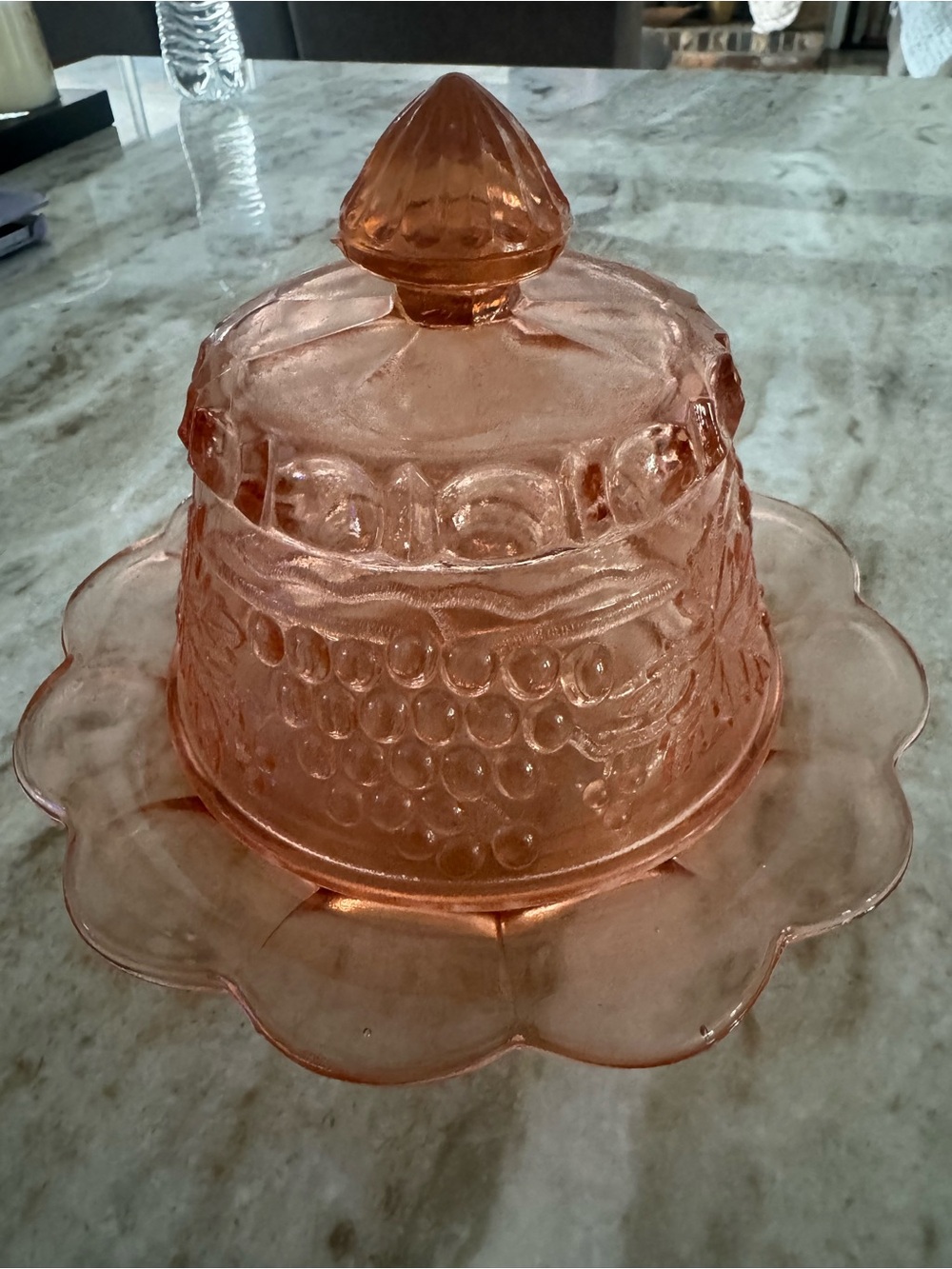 Pink Pressed Glass Covered Butter Dish with Scalloped Base